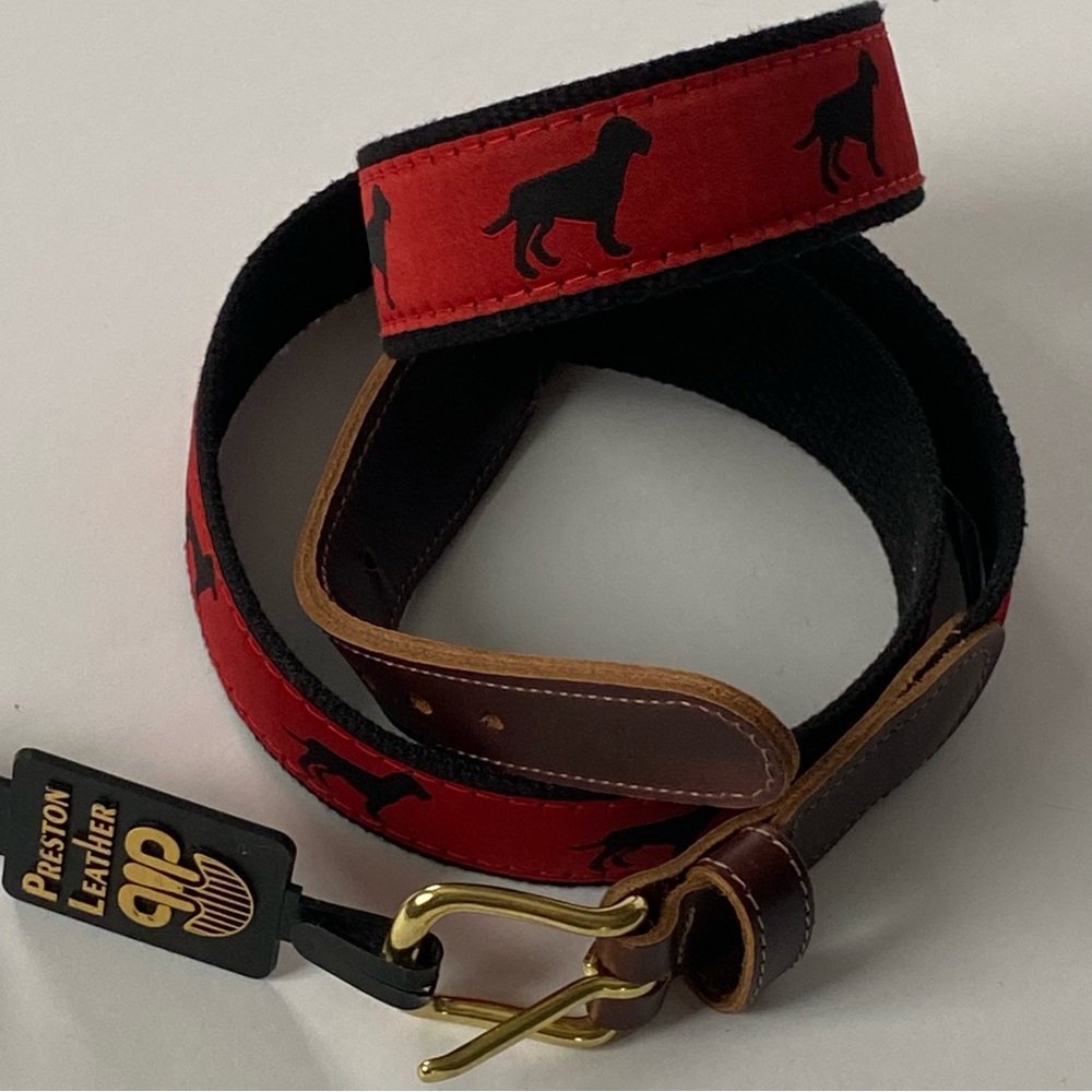 Preston Leather Canvas Belt Size 40 NWT New Red Black Lab Retriever Dog Preppy